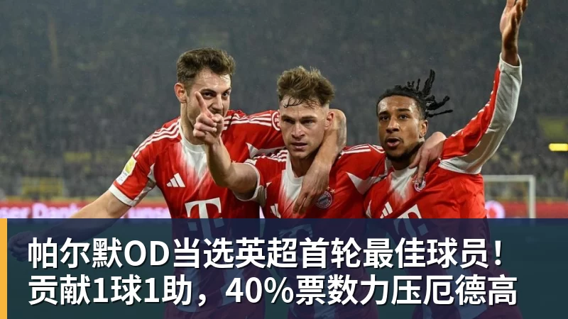 帕尔默OD当选英超首轮最佳球员！贡献1球1助，40%票数力压厄德高